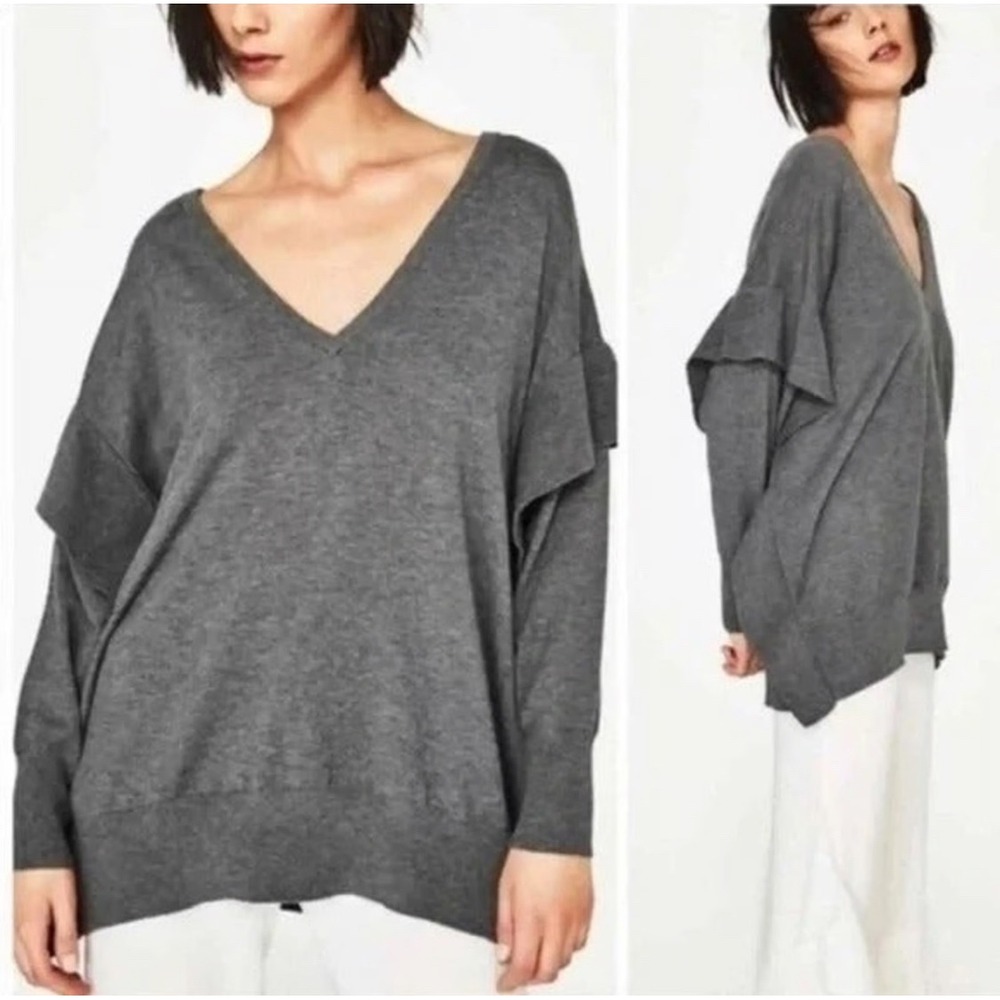 ZARA KNIT Grey V Neck Ruffle Sleeve Sweater Women's Size S